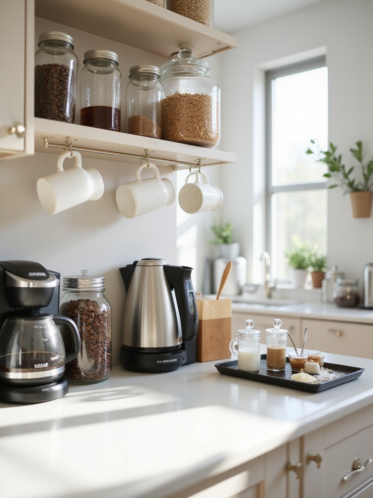 A well-organized kitchen counter features a dedicated coffee and tea station with a coffee maker, kettle, storage jars, and hanging mugs.