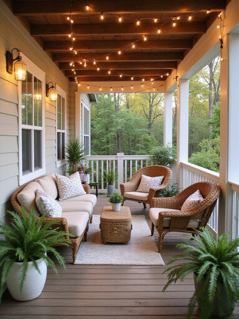 Inviting front porch seating area with loveseat, wicker chairs, string lights, and potted plants.