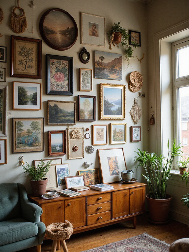 Bohemian living room wall featuring an eclectic gallery display of personal photos, mixed art, and decorative items in varied frames and styles.