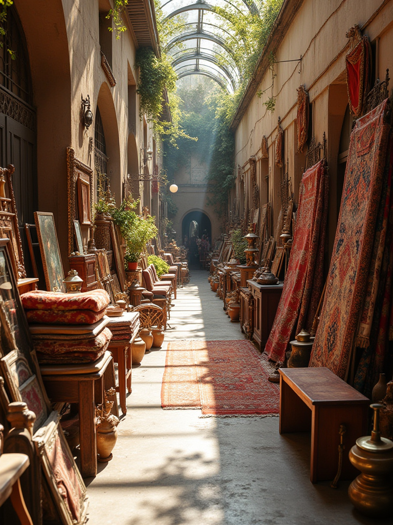 Interior view of a vintage store or flea market stall filled with secondhand furniture, colorful rugs, textiles, and unique decor items perfect for a boho living room.