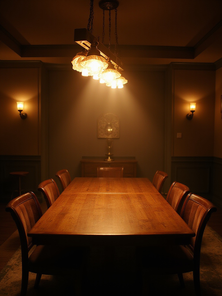A dining room with a warm, inviting ambiance created by a pendant light fixture casting a soft glow over a set dining table, complemented by subtle ambient lighting.
