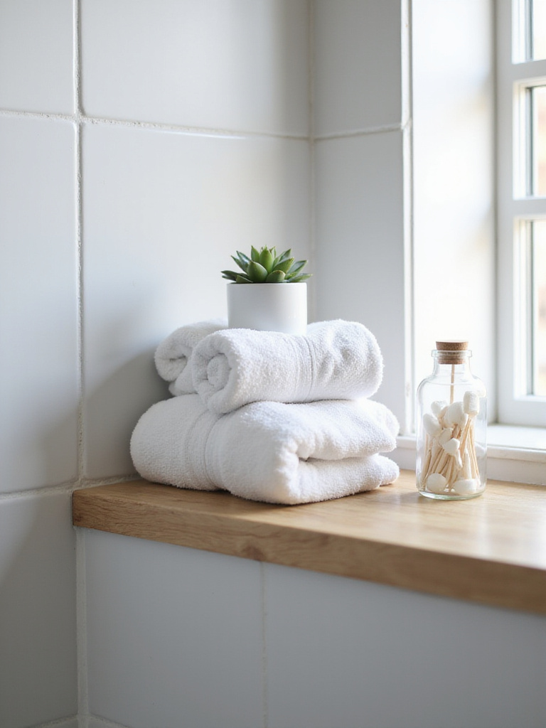 Minimalist bathroom with light oak floating shelf displaying rolled white towels and a small succulent.