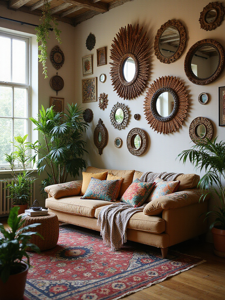 A boho living room featuring a collection of unique and decorative mirrors on the walls, including a large rattan sunburst mirror and a gallery wall of assorted framed mirrors, alongside plants, patterned textiles, and layered rugs.