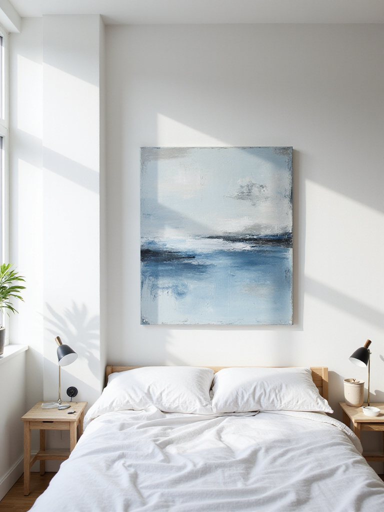 Bedroom with DIY abstract art above bed