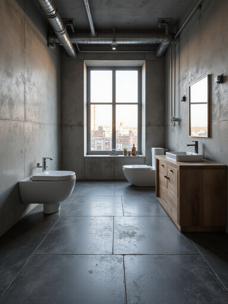 Industrial bathroom floor tiled with large format dark slate effect porcelain tiles, featuring concrete walls and exposed pipes.