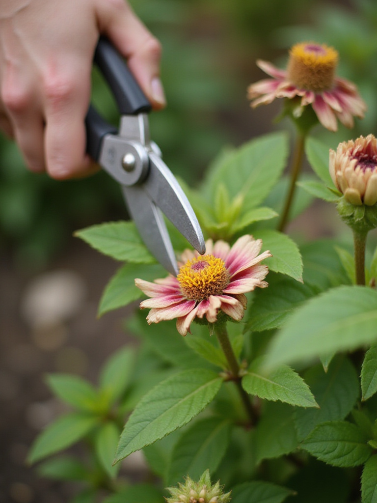 A gardener using pruning shears to remove a spent flower bloom (deadheading) from a plant.