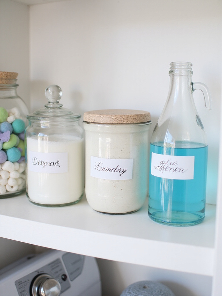 Decorative containers holding decanted laundry detergent, fabric softener, scent beads, and pods neatly arranged on a shelf in a bright, organized laundry room.