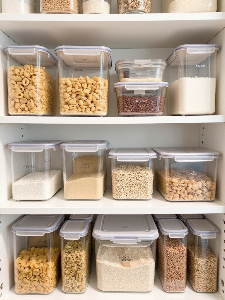Organized kitchen pantry shelf with clear, stackable containers holding various dry goods.