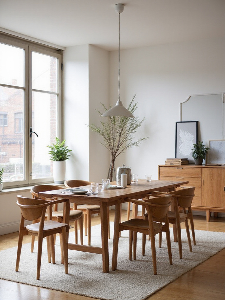 Contemporary dining room showcasing a compact and extended dining table for flexible use.