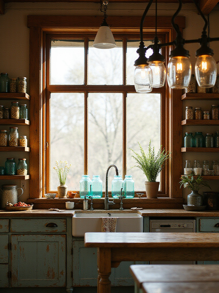 A rustic kitchen featuring open shelving filled with clear and aqua Mason jars and vintage glass bottles, with Mason jar pendant lights hanging above an island.