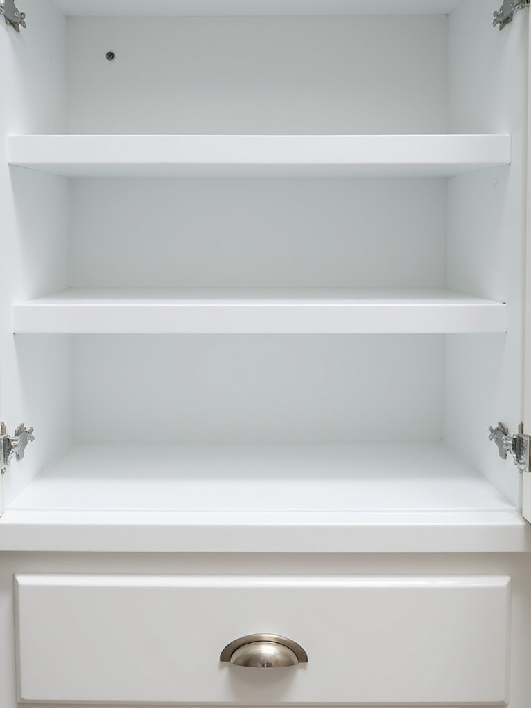 Clean and organized bathroom cabinet shelves and drawers, showcasing hygienic surfaces.