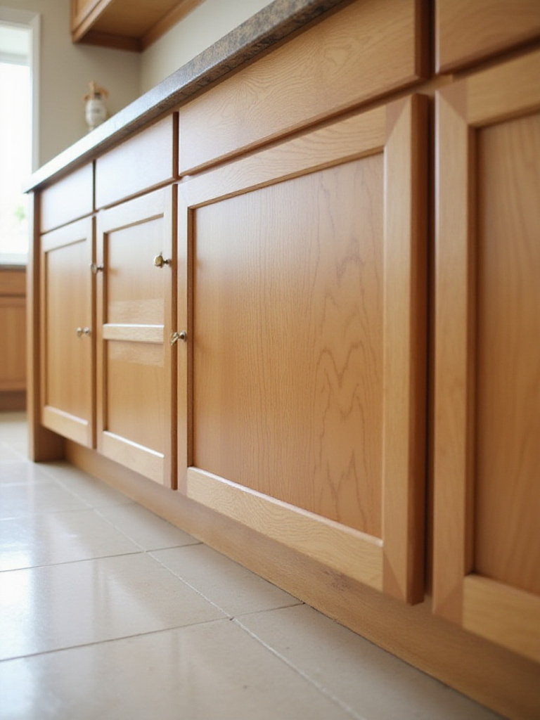 Close view of clean and polished medium wood kitchen cabinets, showing a subtle sheen.