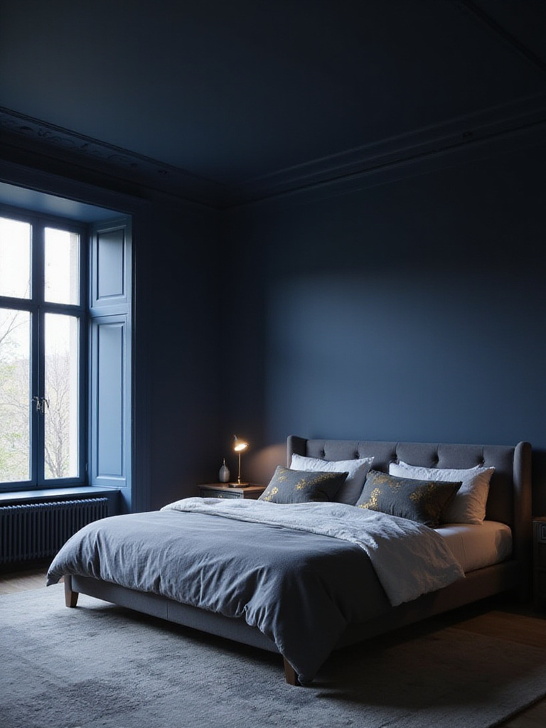 A bedroom painted in deep midnight blue, featuring a bed with light-colored bedding and metallic accents, creating a dramatic yet serene atmosphere.