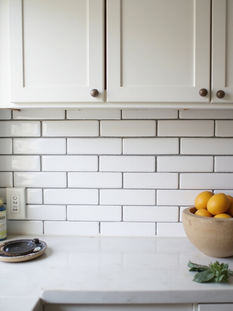 Elegant kitchen with white cabinets and contrasting dark grout on a subway tile backsplash