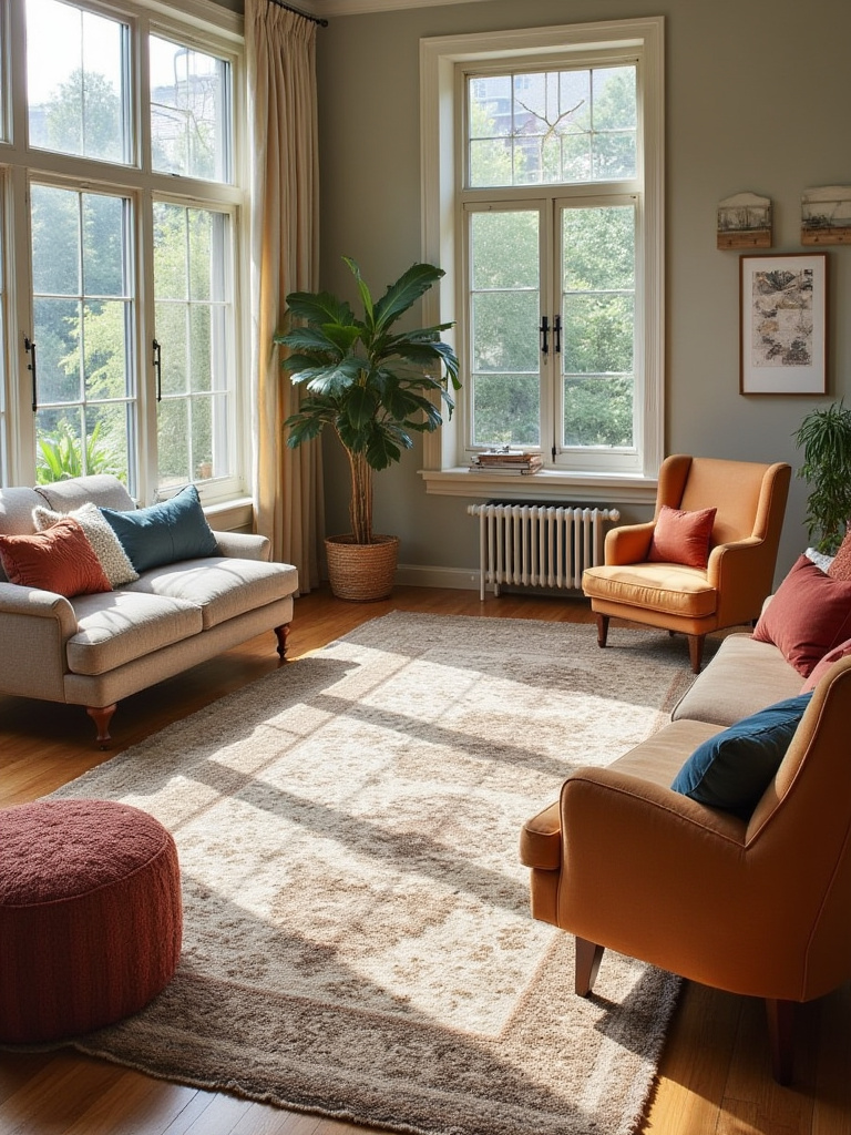 Living room with strategic area rug placement defining different zones