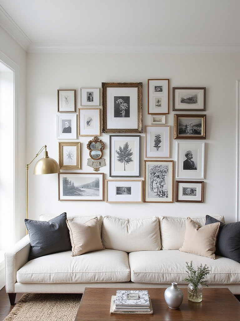 A living room wall decorated with a large, captivating gallery wall featuring a mix of framed art, photos, and decorative objects arranged above a sofa.