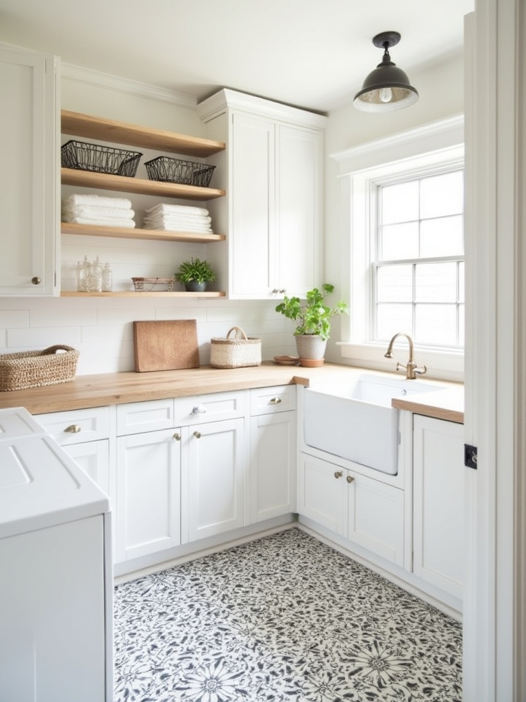 A bright and organized Farmhouse style laundry room featuring white cabinets, wood shelves, a farmhouse sink, patterned tile floor, and natural light.
