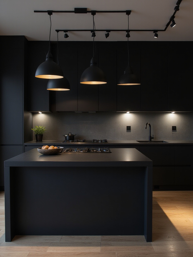 Modern black kitchen with black pendant lights over an island and black track lighting over the hob, illustrating how black fixtures define functional zones.
