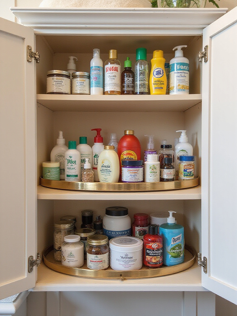 Organized bathroom cabinet with Lazy Susan for easy access to bottles and jars