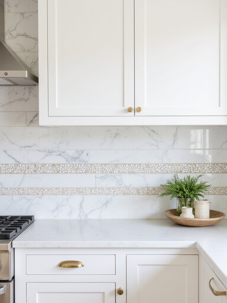 A stylish kitchen with white cabinets and a blended backsplash of marble and brass accents.