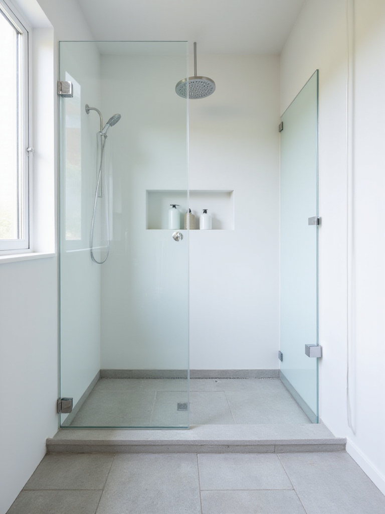 Minimalist bathroom featuring a frameless walk-in shower with linear drain.