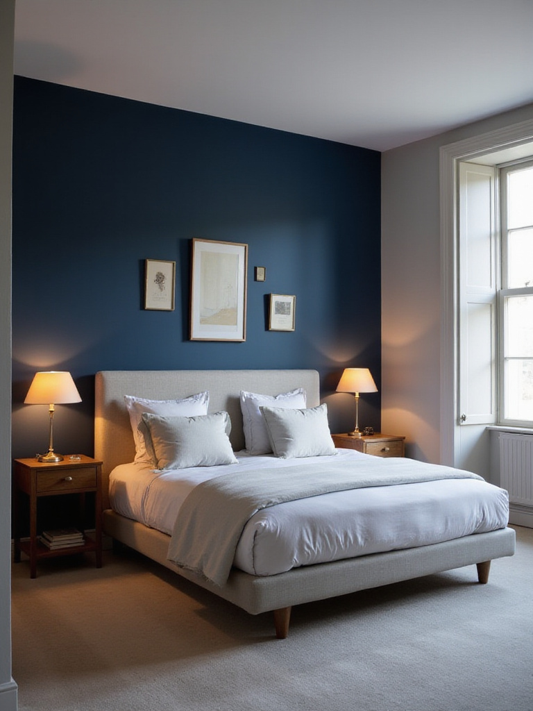 A modern bedroom with a striking dark navy blue accent wall behind a bed with white and gray bedding, creating a serene and sophisticated atmosphere.