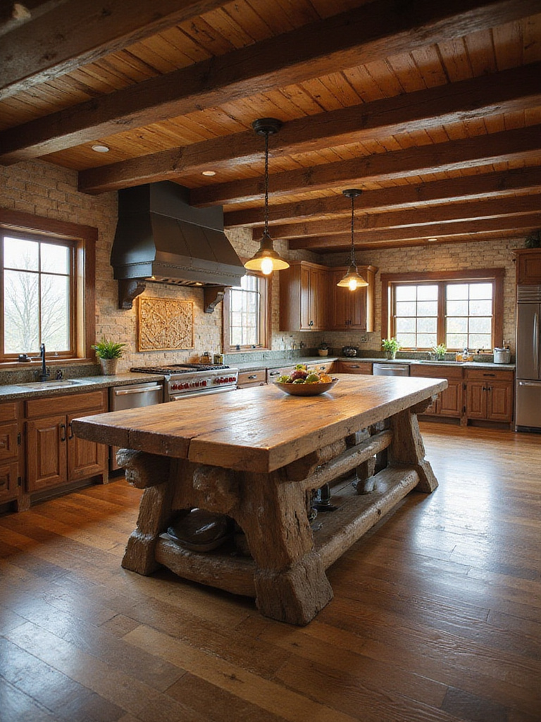 An oversized, sturdy rustic kitchen island with a thick wood countertop in the center of a spacious rustic kitchen featuring wood beams and natural materials.