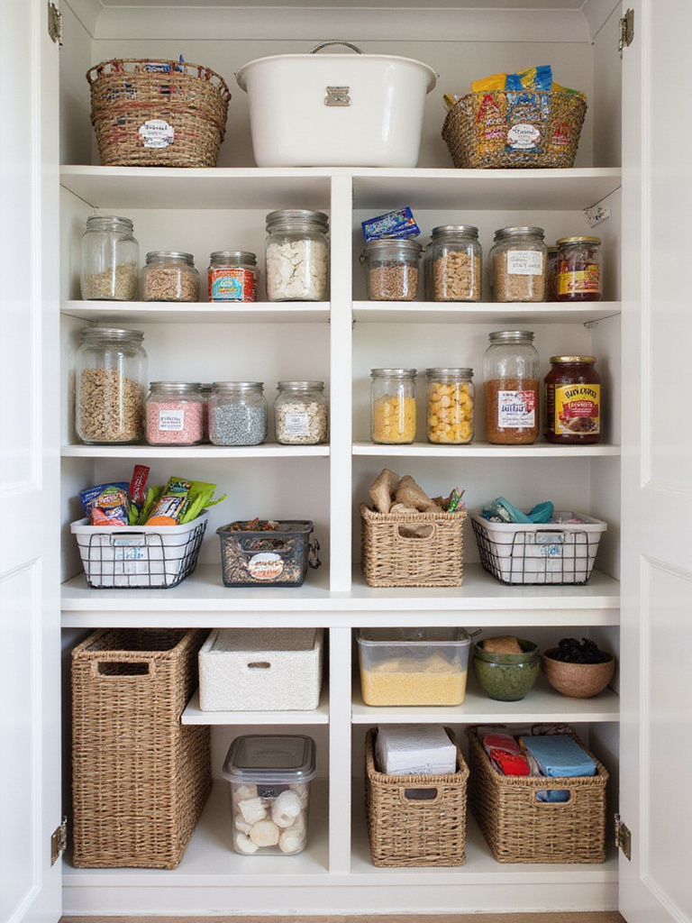 Organized kitchen pantry shelves with various bins and baskets used to categorize and store specific items like snacks, dry goods, and cleaning supplies.