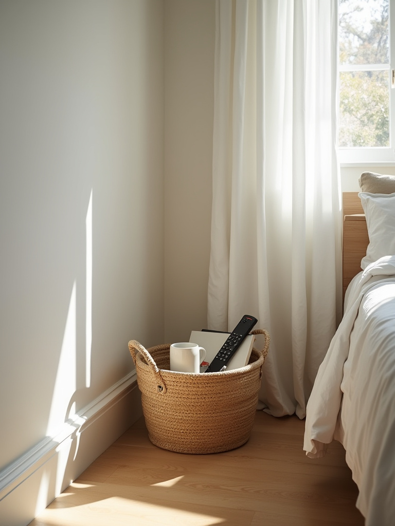 Decorative basket in a clean bedroom corner holding items that don't belong, like a mug and book, as a temporary holding spot.