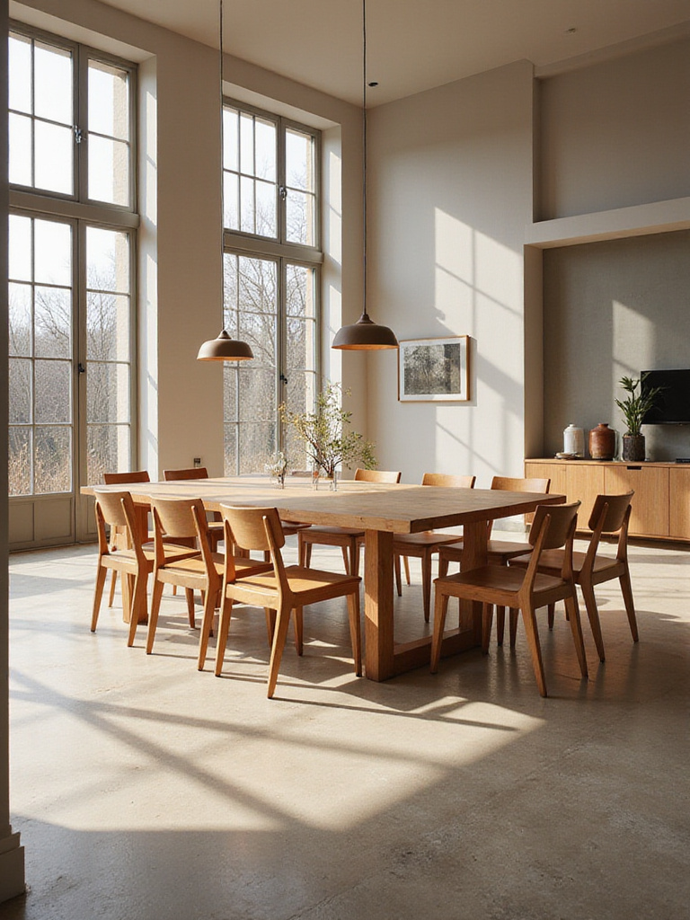 Spacious dining room with large rectangular table and ample space around it, illustrating ideal sizing.