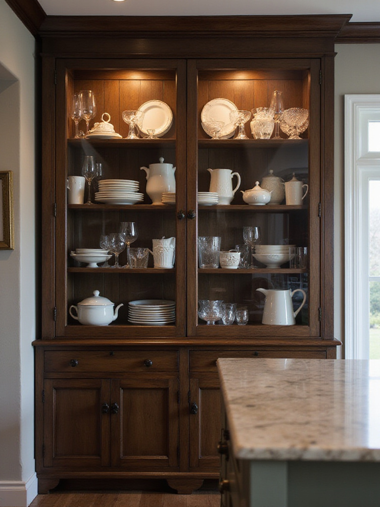 Kitchen display cabinet with glass doors showcasing elegant dishware and glassware.