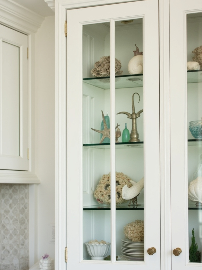 Glass-front cabinets in a coastal kitchen displaying a curated collection of shells, coral, and other coastal treasures, adding personal character.
