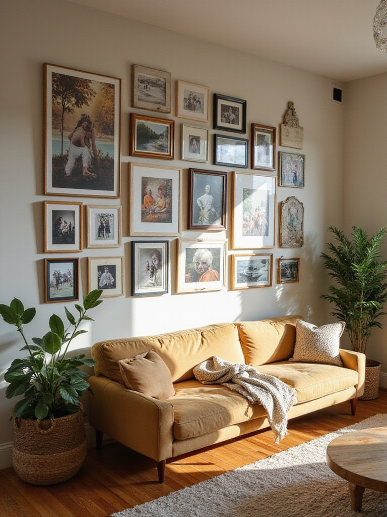 A gallery wall displaying personal photos and collectibles in a cozy living room