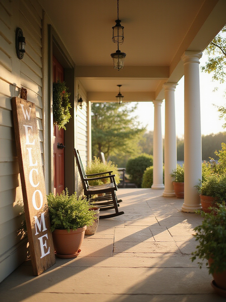 Charming craftsman home front porch with rustic wooden welcome sign.