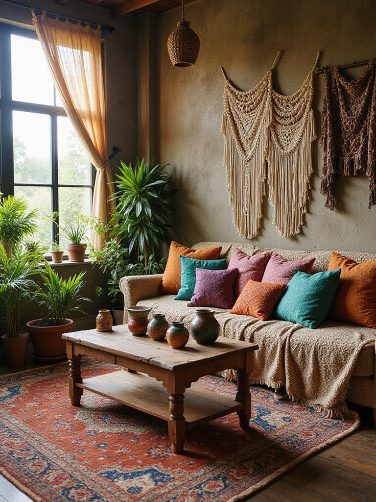Boho living room featuring a rich color palette of earthy tones like terracotta and olive green, combined with vibrant jewel tones in textiles and decor.