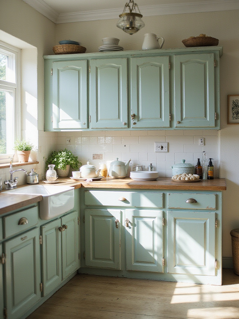 Shabby chic kitchen cabinets finished with a distressed and glazed technique, showing worn edges and a vintage patina.