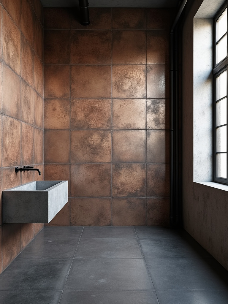 Industrial bathroom featuring walls tiled with large distressed metal look ceramic tiles in oxidized copper and aged steel finishes.