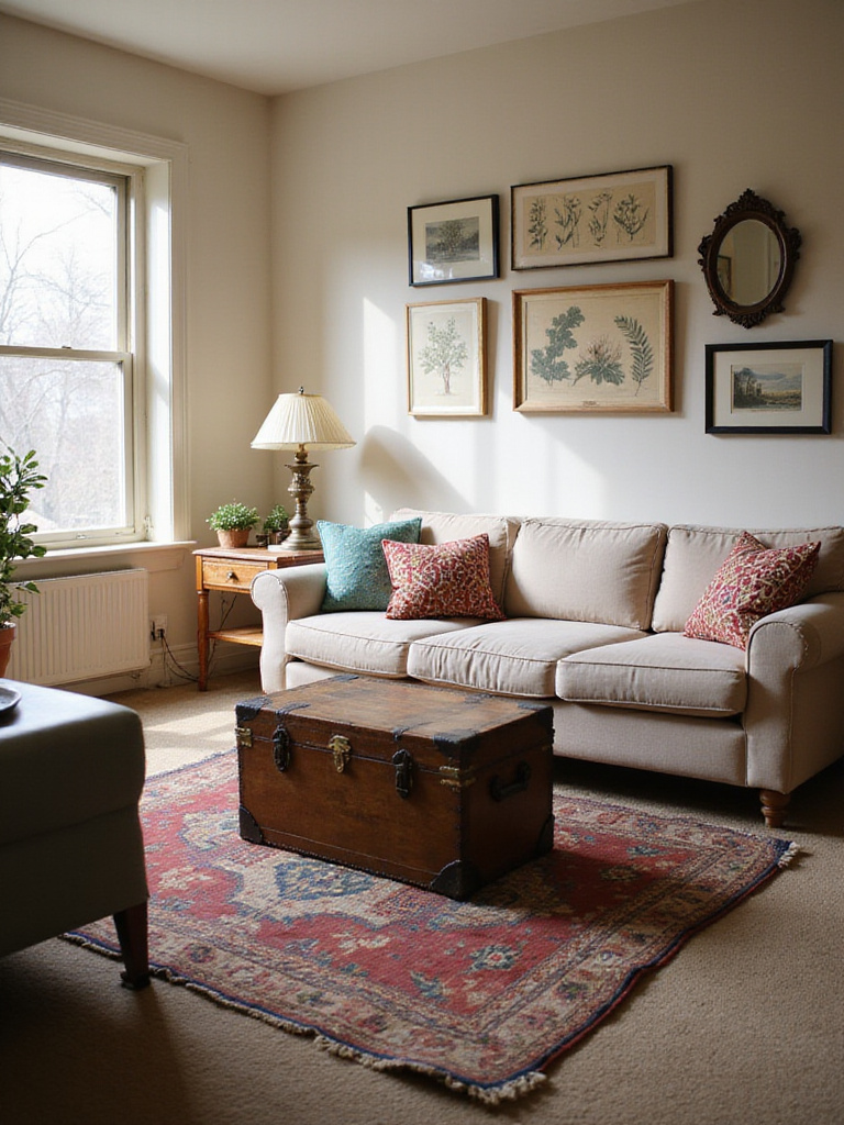Living room decorated with a mix of modern furniture and vintage finds, including a vintage trunk coffee table, antique lamp, and framed vintage prints.