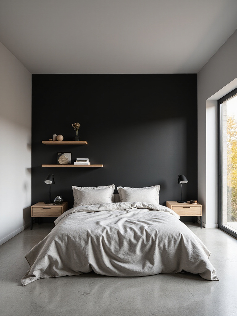 A modern bedroom featuring a dramatic matte black accent wall behind a bed with neutral bedding. Floating shelves with decor are mounted on the black wall, creating a focal point in the space. The room has soft natural light and light-colored adjacent walls.