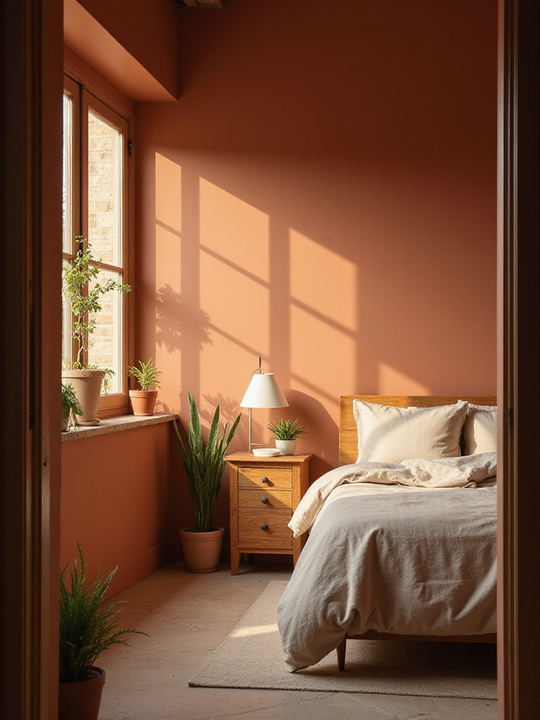 A warm and cozy bedroom painted in an earthy terracotta color with natural wood furniture and green plants.