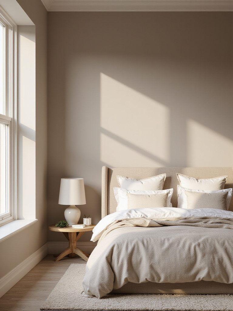 Elegant taupe bedroom with natural light and neutral layered bedding, creating a timeless and serene sanctuary.
