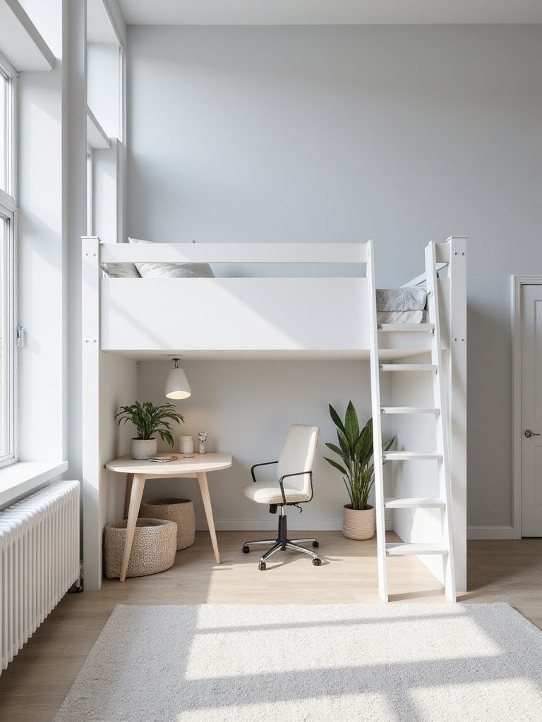 Small bedroom with loft bed and home office underneath