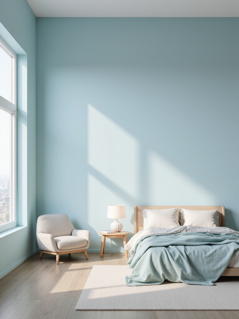 A serene bedroom featuring soft light blue painted walls, a minimalist wooden bed with neutral and blue bedding, and a nightstand, bathed in gentle natural light.