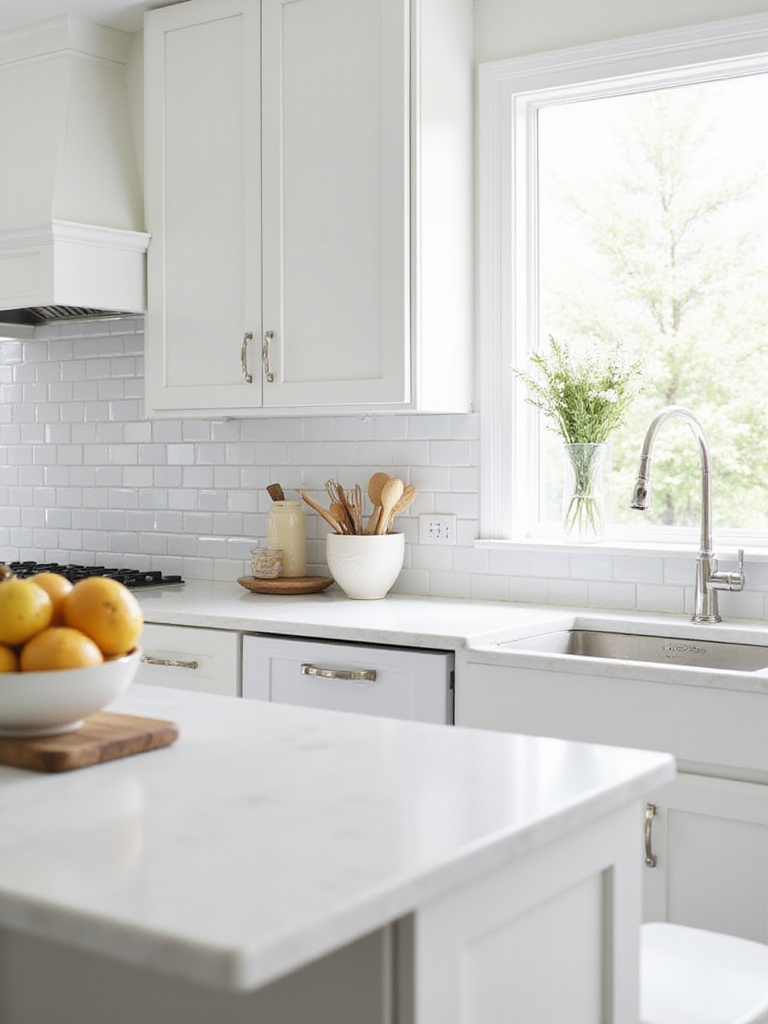 Bright kitchen with white subway tile backsplash and white cabinets