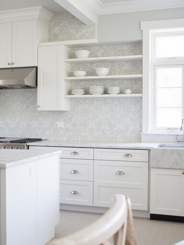 Spacious kitchen with white cabinets and a grey and white classic damask wallpaper accent wall behind open shelving.