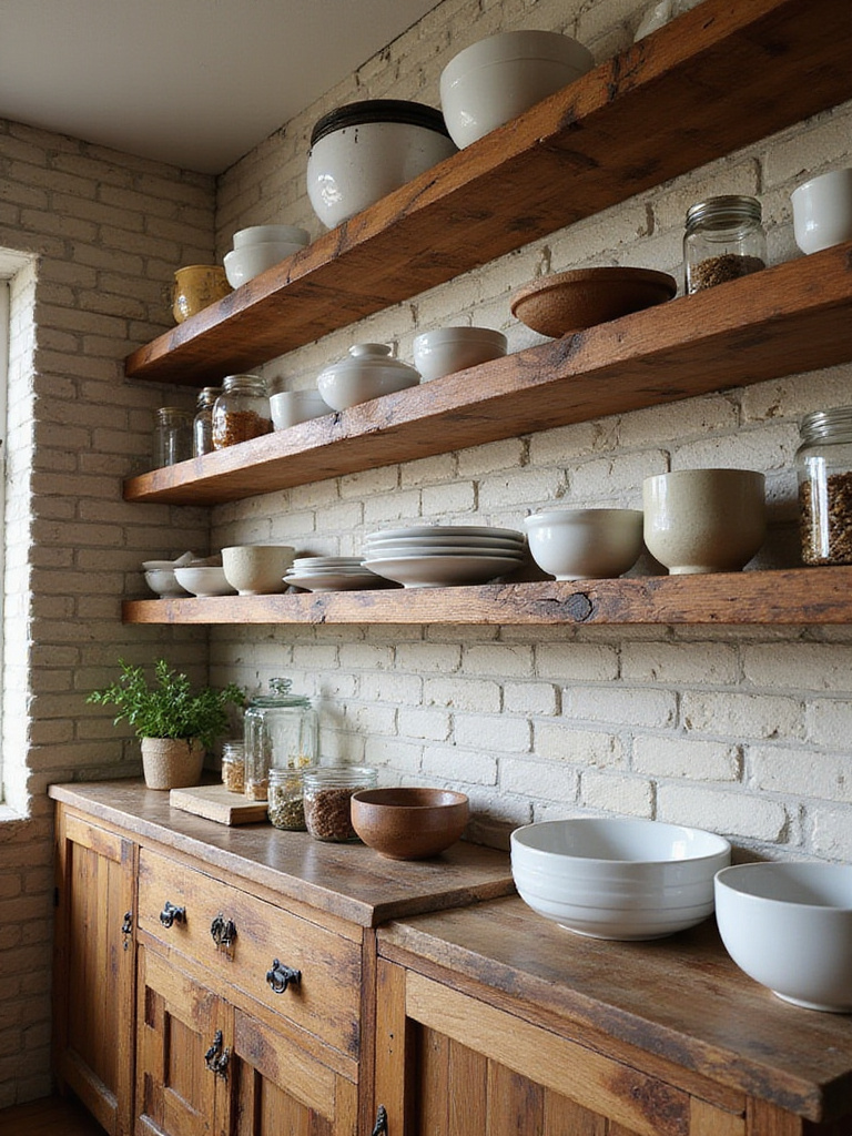 Rustic kitchen with open shelving made from reclaimed wood, displaying white dishes and pottery. The scene features a stone wall and warm natural light.