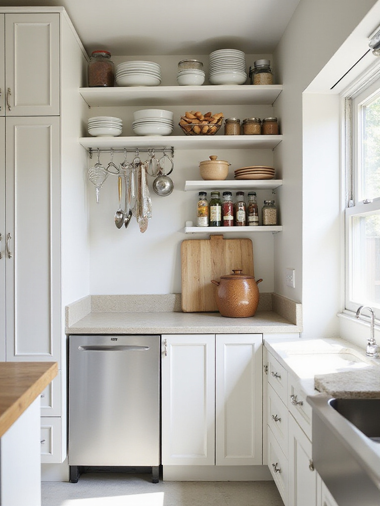 A small modern kitchen featuring extensive vertical storage solutions, including tall cabinets, high open shelves, and wall-mounted racks, demonstrating efficient space utilization.
