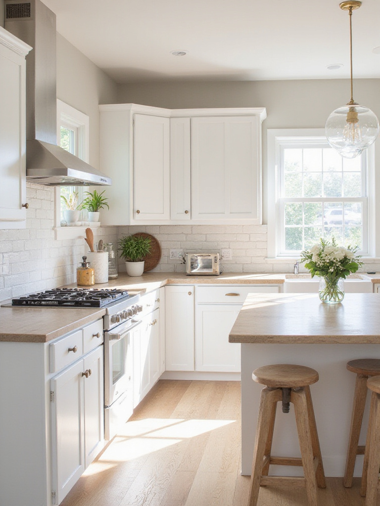 A coastal kitchen with a crisp white and sandy beige base palette, showcasing white cabinets, beige countertops, and natural light creating a bright, airy feel.