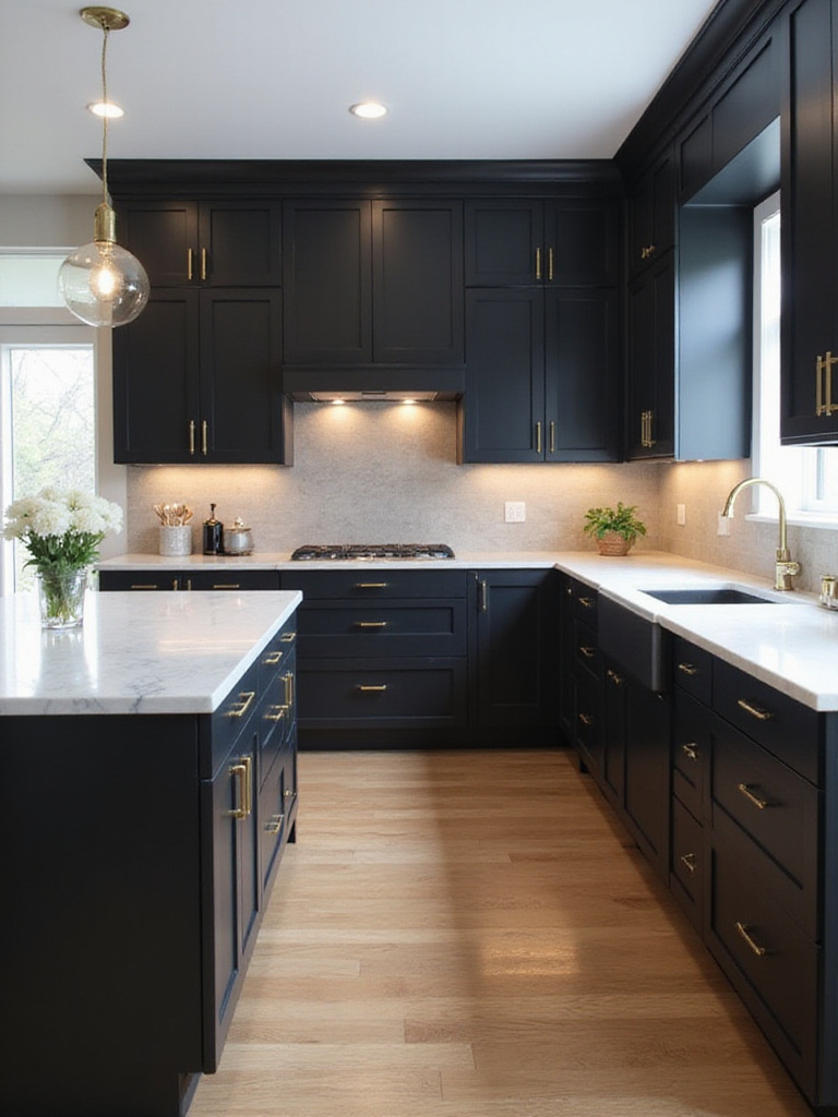 Contemporary kitchen featuring matte black cabinets, white quartz countertops, and a light grey tile backsplash. The space is illuminated by natural and artificial light.