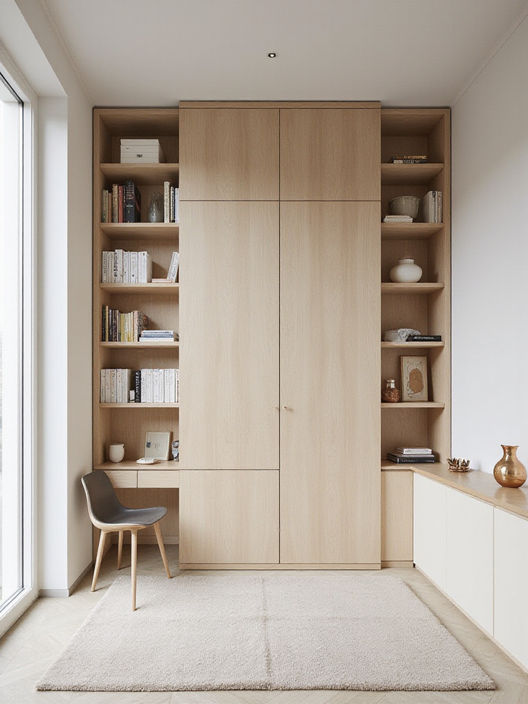 Small bedroom with a Murphy bed folded away, revealing a home office setup